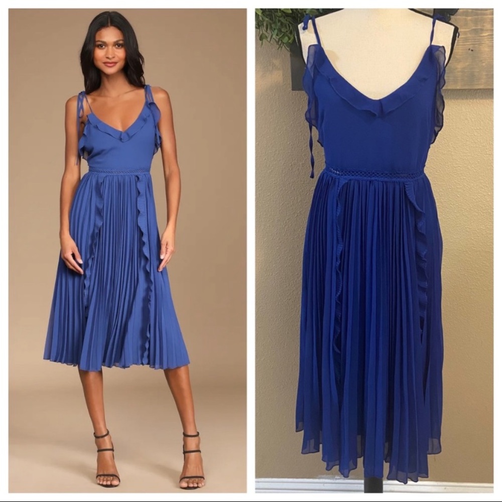 NWOT Lulus Never a Dull Moment Royal Blue Tie-Strap Pleated Midi Dress
